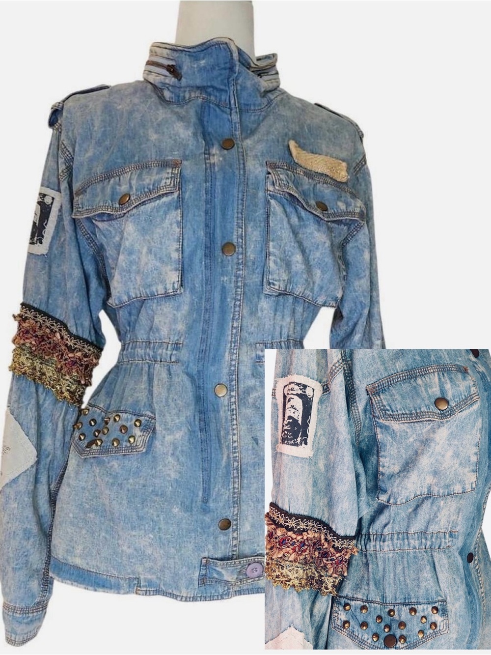 Upcycled Denim Military Jacket London Boho Art Studded Patchwork Small